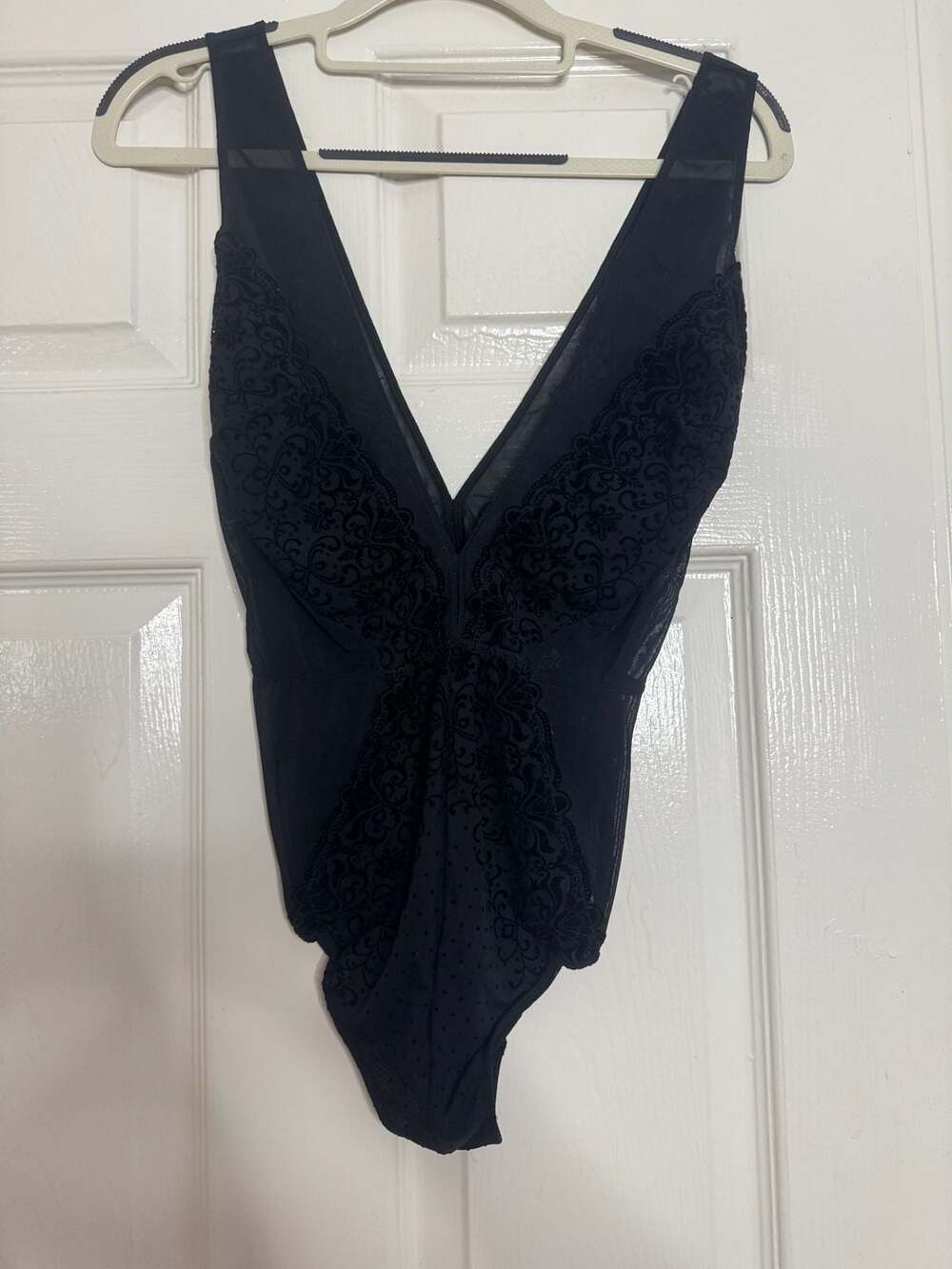 Saki Silver Black Flocked Mesh Damask Bodysuit Size M